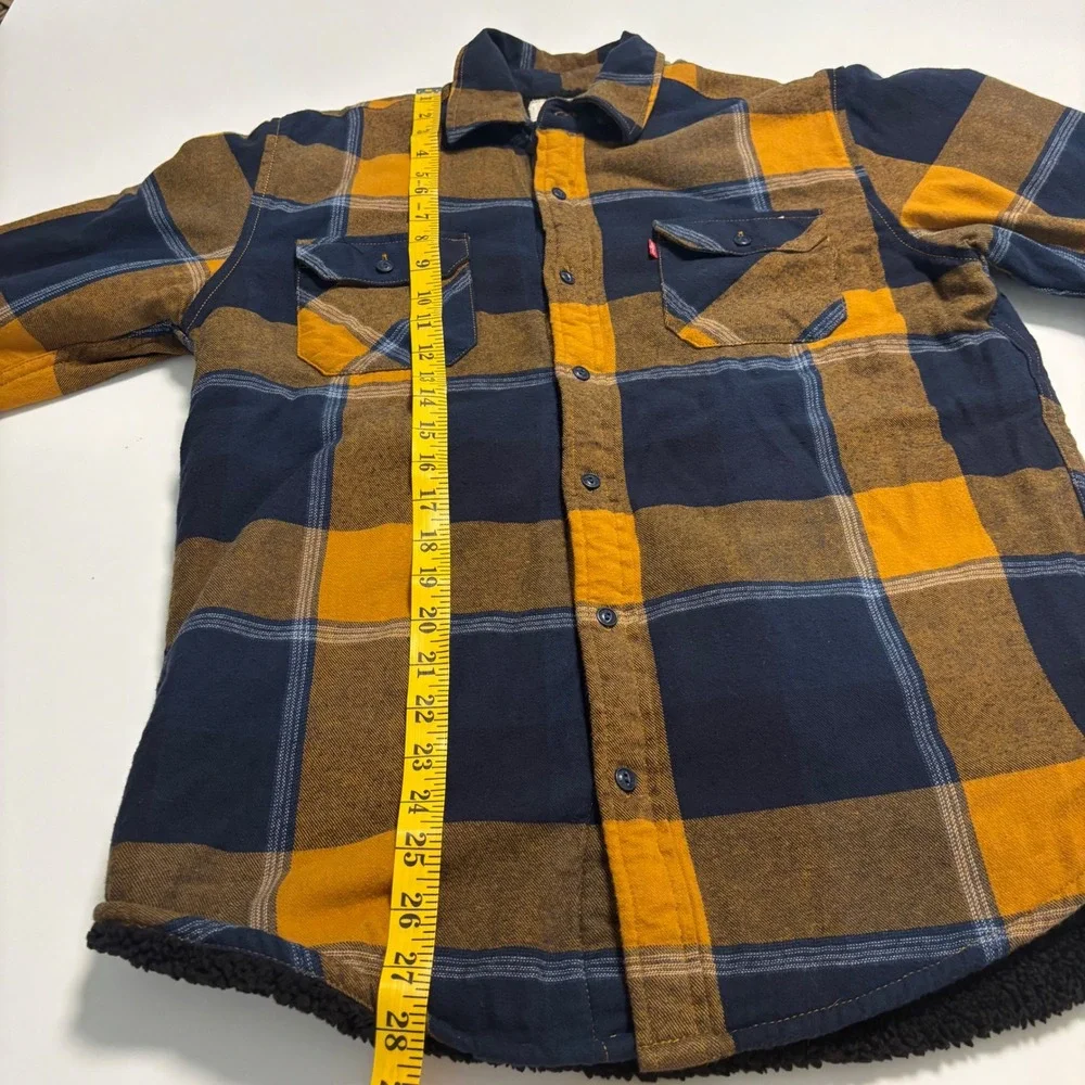 Levis Mens Sherpa Lined Flannel Shirt Jacket Plaid Yellow Navy Blue Size Small
